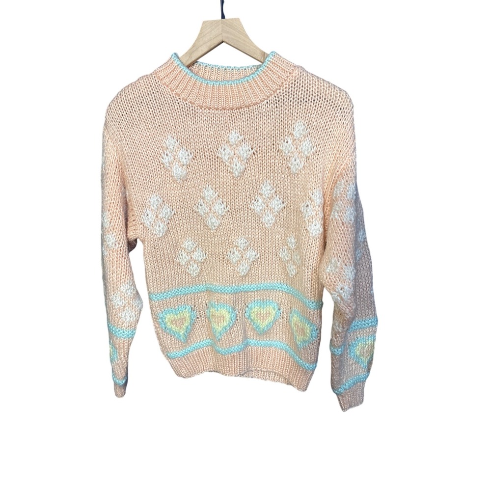 Forindi Peach Hearts Knit Sweater Women's Size M Mock Neck Long Sleeve